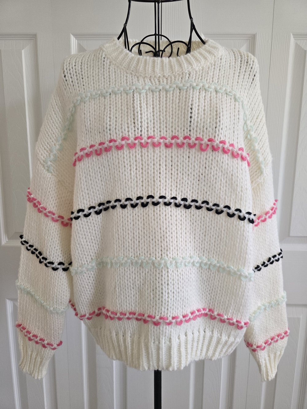 Pink Lily Cream Crewneck Sweater with Pink, Mint and Black Stripe Accents